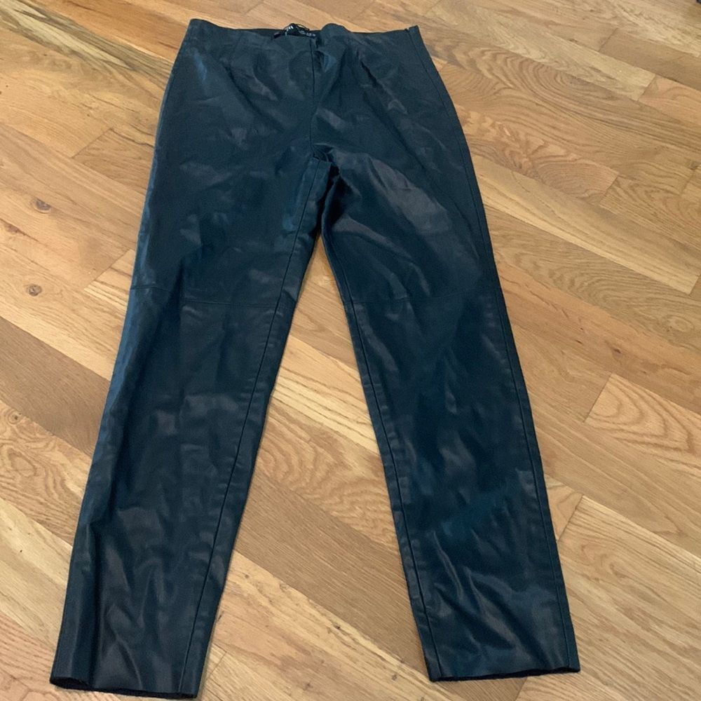 ZARA Black Faux Leather Straight Leg Pants Size L Flat Front High Rise 15x28